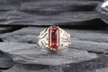 Load image into Gallery viewer, Pink Tourmaline Ring Set In 14k Rose Gold With 9 Round Blue Diamonds Set In Sterling Silver, View #1
