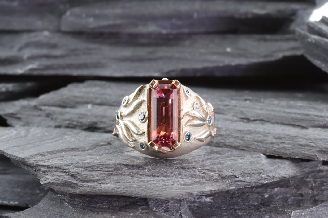 Pink Tourmaline Ring Set In 14k Rose Gold With 9 Round Blue Diamonds Set In Sterling Silver, View #1