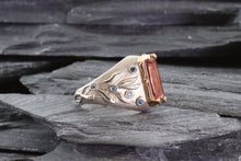 Load image into Gallery viewer, Pink Tourmaline Ring Set In 14k Rose Gold With 9 Round Blue Diamonds Set In Sterling Silver, View #2
