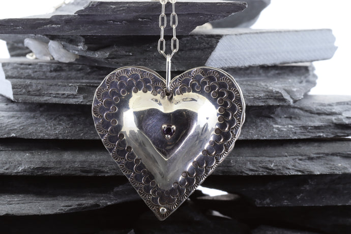 Sterling Silver Reversible Pocket Heart Necklace With Amethyst And Garnet. View #1