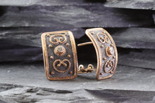 Load image into Gallery viewer, Ornate Rose Gold Plated, Blackened Sterling Silver Earrings; 1 Round White Synthetic Stone In Each Earring, View #2
