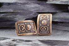 Load image into Gallery viewer, Ornate Rose Gold Plated, Blackened Sterling Silver Earrings; 1 Round White Synthetic Stone In Each Earring, View #3
