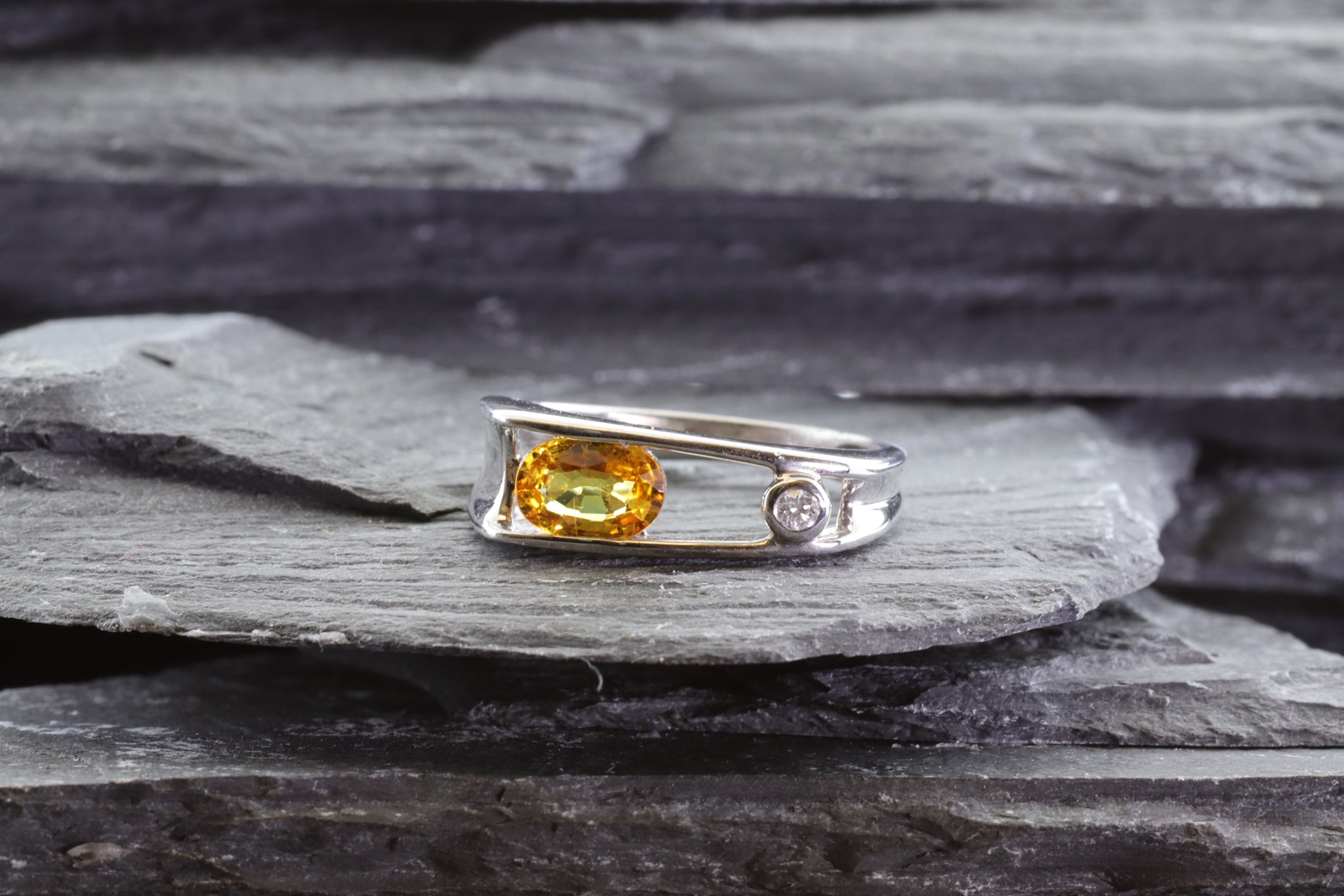 Sterling Silver Channel-Set Ring with Golden Sapphire & Diamond