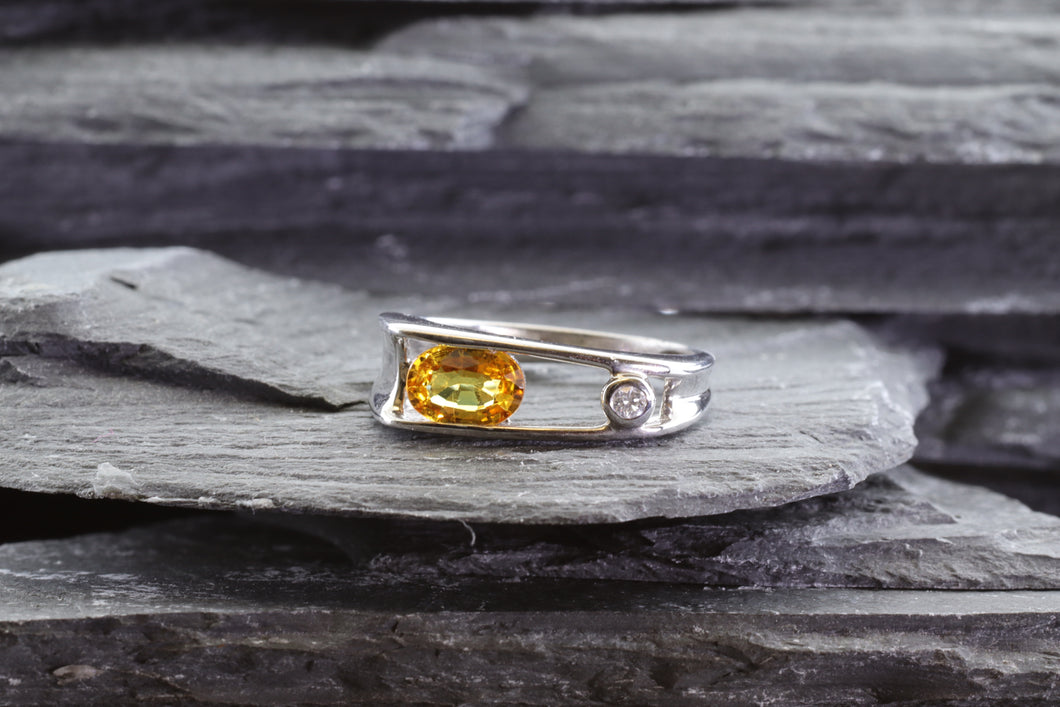 Sterling Silver Channel-Set Ring With Oval Golden Sapphire And A White Diamond, View #1