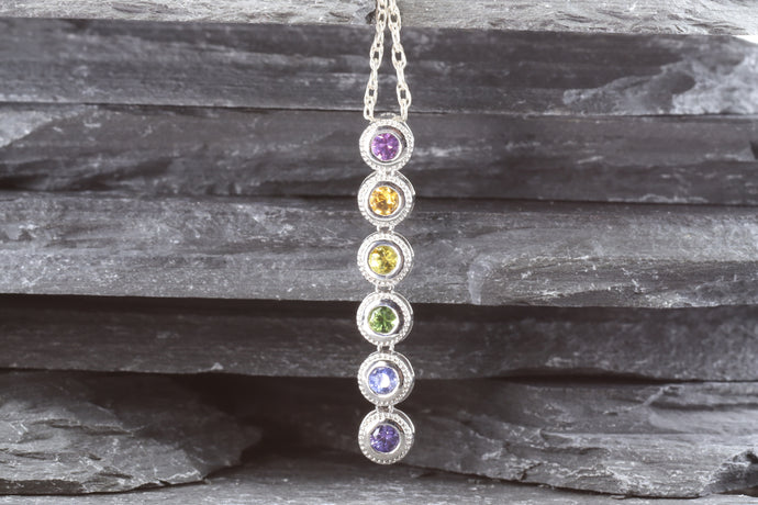 Sterling Silver Drop Pendant set with Sapphires 1 Red, 1 Orange, 1 Yellow, 1 Green, 1 Blue and 1 Purple, View #1
