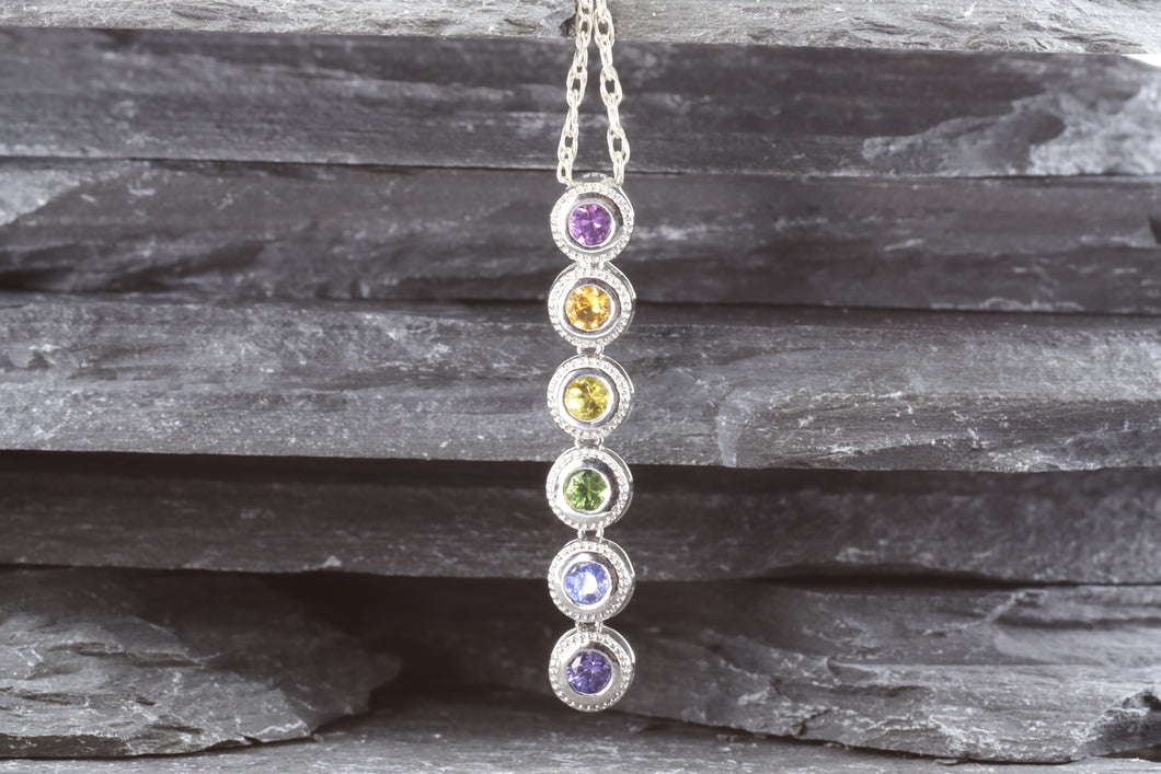 Sterling Silver Drop Pendant set with Sapphires 1 Red, 1 Orange, 1 Yellow, 1 Green, 1 Blue and 1 Purple, View #1