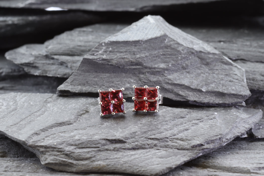 Sterling Silver Prong Set Earrings Set With Princess Cut Rubies, View #1