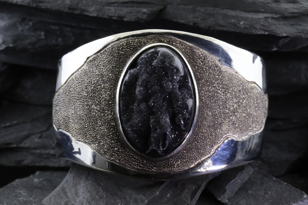 Textured Sterling Silver Cuff Bracelet with Psilomelane Druzy, View #1