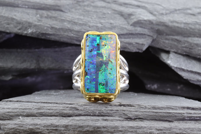 Two Tone Platinum 22k Contemporary Fashion Ring With 1 Rectangular Boulder Opal, View #1