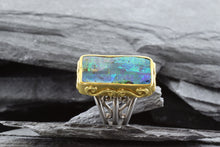 Load image into Gallery viewer, Two Tone Platinum 22k Contemporary Fashion Ring With 1 Rectangular Boulder Opal, View #4

