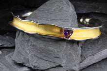 Load image into Gallery viewer, Two Tone Sterling Silver Satin &amp; Polished Bangle Bracelet With One Trillian Amethyst, View #1
