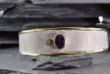 Load image into Gallery viewer, Two Tone Sterling Silver Satin &amp; Polished Contemporary Bracelet With One Oval Amethyst And One Round Diamond, View #1

