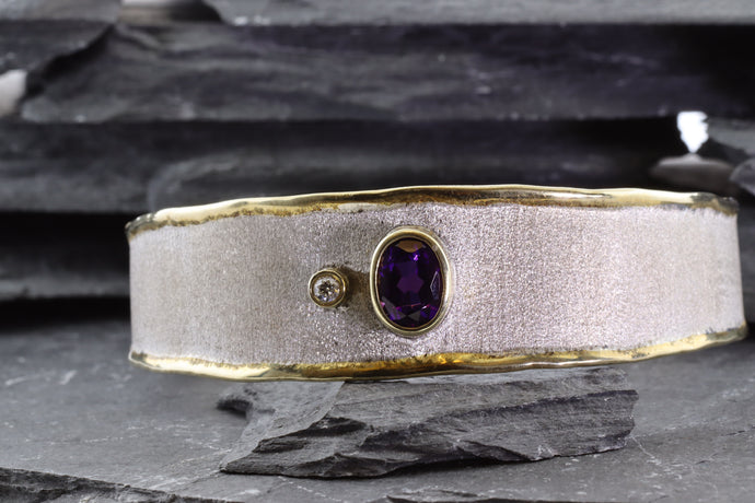 Two Tone Sterling Silver Satin & Polished Contemporary Bracelet With One Oval Amethyst And One Round Diamond, View #1