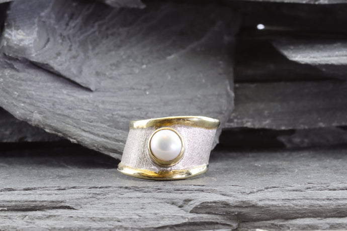 Two Tone Sterling Silver Satin & Polished Contemporary Ring With One Mabe' Pearl, View #1