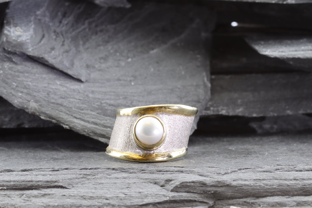 Two Tone Sterling Silver Satin & Polished Contemporary Ring With One Mabe' Pearl, View #1