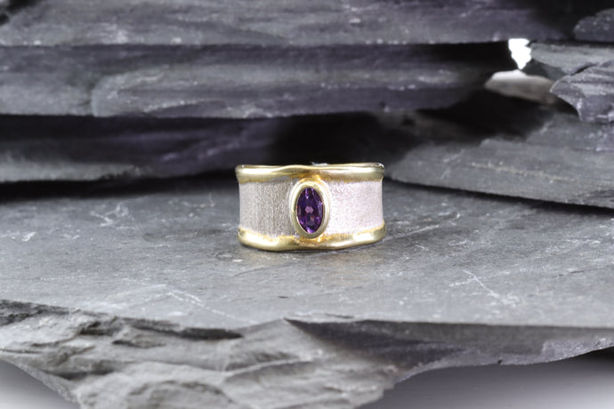 Two Tone Sterling Silver Satin & Polished Contemporary Ring With One Oval Amethyst, View #1