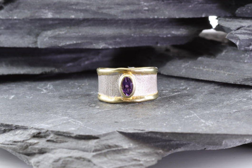 Two Tone Sterling Silver Satin & Polished Contemporary Ring With One Oval Amethyst, View #1