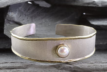 Load image into Gallery viewer, Two Tone Sterling Silver Satin &amp; Polished Cuff Bracelet With Mabe&#39; Pearl, View #1
