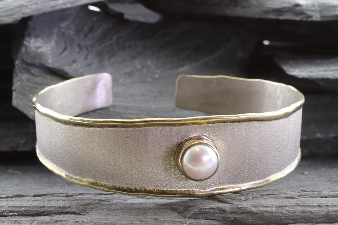 Two Tone Sterling Silver Satin & Polished Cuff Bracelet With Mabe' Pearl, View #1
