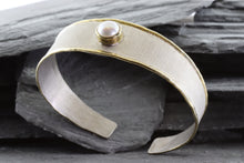Load image into Gallery viewer, Two Tone Sterling Silver Satin &amp; Polished Cuff Bracelet With Mabe&#39; Pearl, View #2
