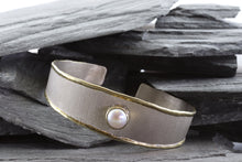Load image into Gallery viewer, Two Tone Sterling Silver Satin &amp; Polished Cuff Bracelet With Mabe&#39; Pearl, View #3

