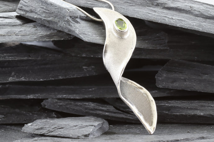 Two Tone Sterling Silver Satin & Polished Freeform Slide Pendant With One Oval Peridot., View #1