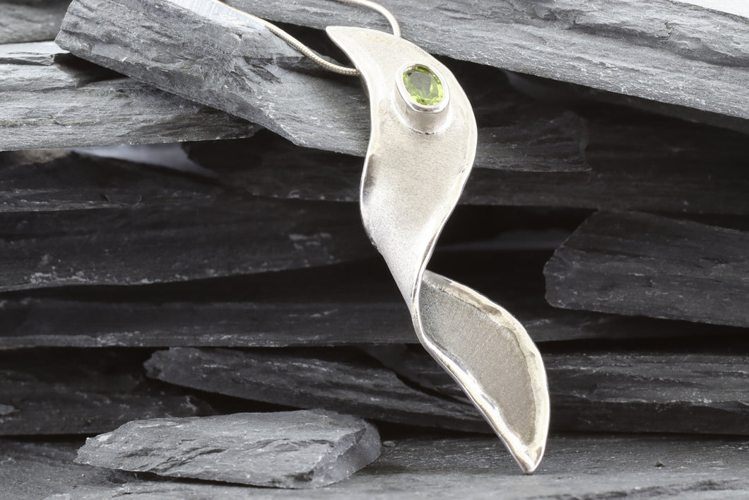 Two Tone Sterling Silver Satin & Polished Freeform Slide Pendant With One Oval Peridot., View #1