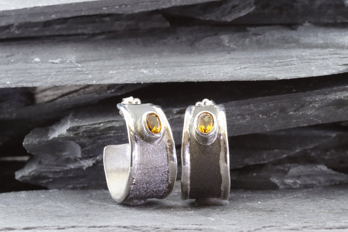 Sterling Silver Oxidized Satin & Polished Medium Hoop Earrings With 2 Oval Citrines, View #1