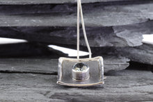 Load image into Gallery viewer, White Sterling Silver Satin &amp; Oxidized Bezel Set Pendant With One Oval Aquamarine, View #4
