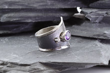 Load image into Gallery viewer, White Sterling Silver Satin &amp; Polished Contemporary Ring With One Oval Amethyst And One Round Diamond, View #4
