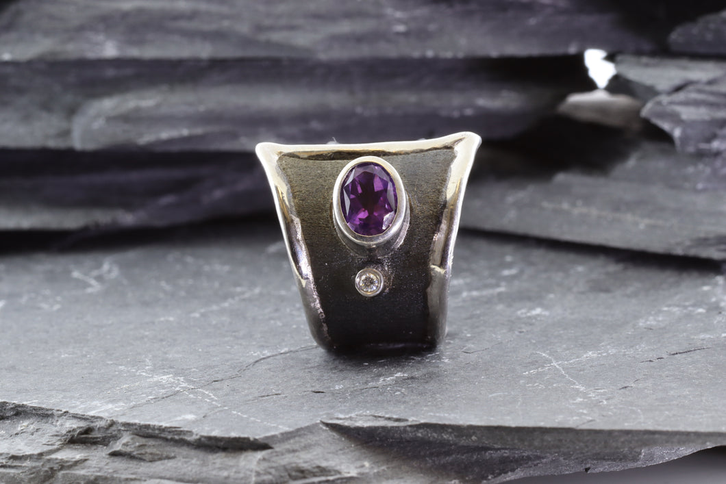 White Sterling Silver Ring with Amethyst and Diamond Accents