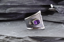 Load image into Gallery viewer, White Sterling Silver Satin &amp; Polished Contemporary Ring With One Oval Amethyst And One Round Diamond, View #2
