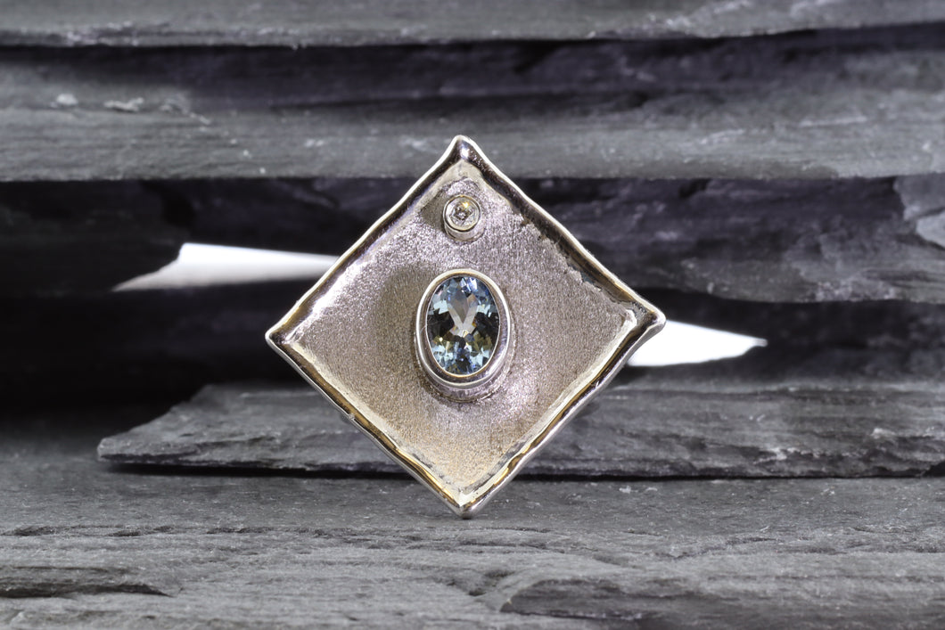 White Sterling Silver Satin & Polished Contemporary Ring With One Oval Aqua and One Round Diamond., View #1