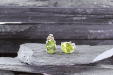 Load image into Gallery viewer, White Sterling Silver Stud Earrings With Oval Peridots, View #3
