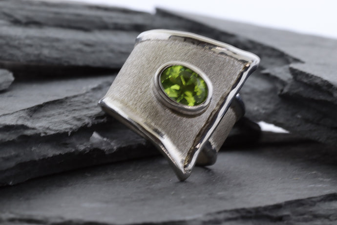 White Sterling Silver Satin & Polished Contemporary Ring With One Oval Peridot, View #1