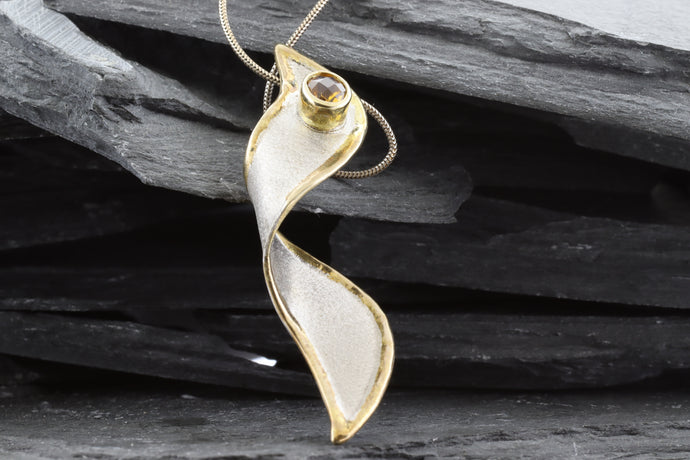 Two Tone Sterling Silver Satin & Polished Slide Pendant With One Oval Citrine, View #1