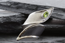 Load image into Gallery viewer, Two Tone White &amp; Blackened Sterling Silver Satin &amp; Polished Contemporary Ring Bezel Set With One Oval Peridot, View #1
