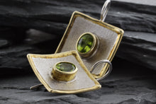 Load image into Gallery viewer, Two Tone Sterling Silver Satin &amp; Polished Contemporary Earrings With Oval Peridots, View #2.
