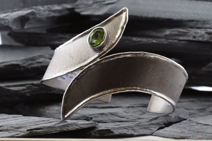 Two Tone Sterling Silver Satin & Polished Contemporary Cuff Bracelet With One Oval Peridot And One Round Diamond, View #1