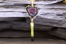 Load image into Gallery viewer, Yellow 18 Karat Drop Pendant Set with 1 Watermelon Tourmaline Slice1 Tourmaline Crystal, View #1
