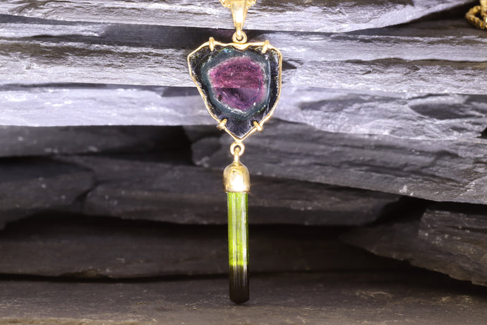 Yellow 18 Karat Drop Pendant Set with 1 Watermelon Tourmaline Slice1 Tourmaline Crystal, View #1