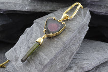 Load image into Gallery viewer, Yellow 18 Karat Drop Pendant Set with 1 Watermelon Tourmaline Slice1 Tourmaline Crystal, View #2
