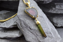 Load image into Gallery viewer, Yellow 18 Karat Drop Pendant Set with 1 Watermelon Tourmaline Slice1 Tourmaline Crystal, View #3
